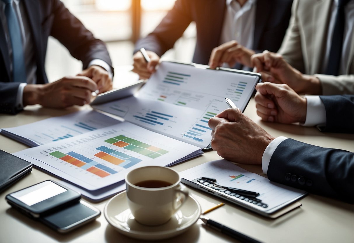 A group of professionals sitting around a table, discussing charts and graphs, with laptops and notebooks open, brainstorming and strategizing for business planning
