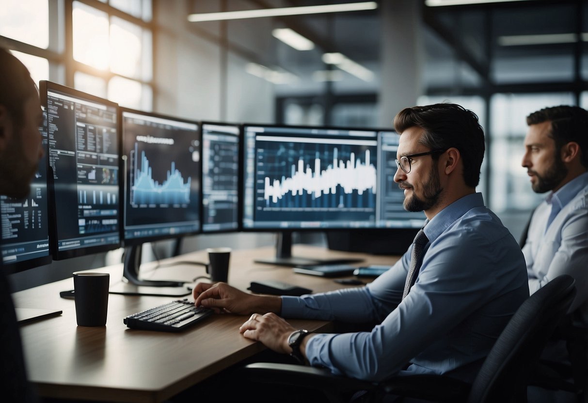 A bustling office with people collaborating on whiteboards, computers, and phone calls, surrounded by charts and graphs