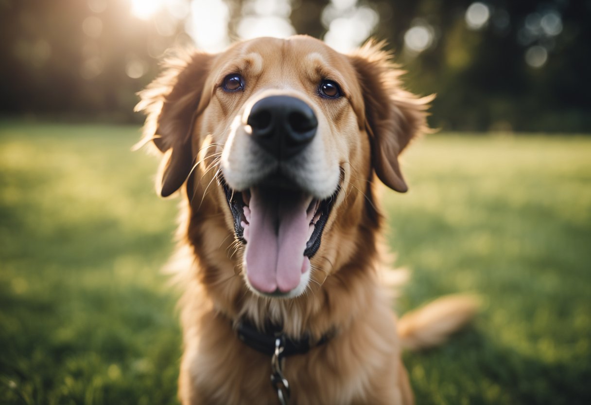 A dog experiencing a seizure, with its head tilted back and tongue lolling out, as it frantically licks the air