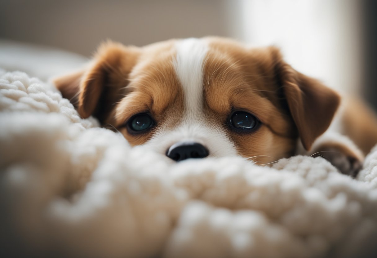 A small puppy peacefully napping in a cozy bed, with gentle breaths and occasional twitching paws