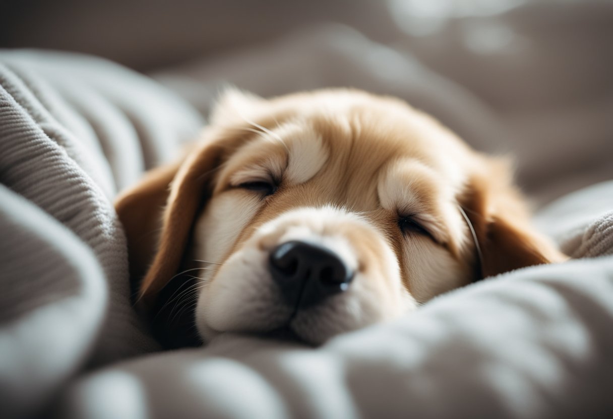 A contented puppy sleeps peacefully on a soft, cushioned bed, breathing gently and occasionally twitching its paws