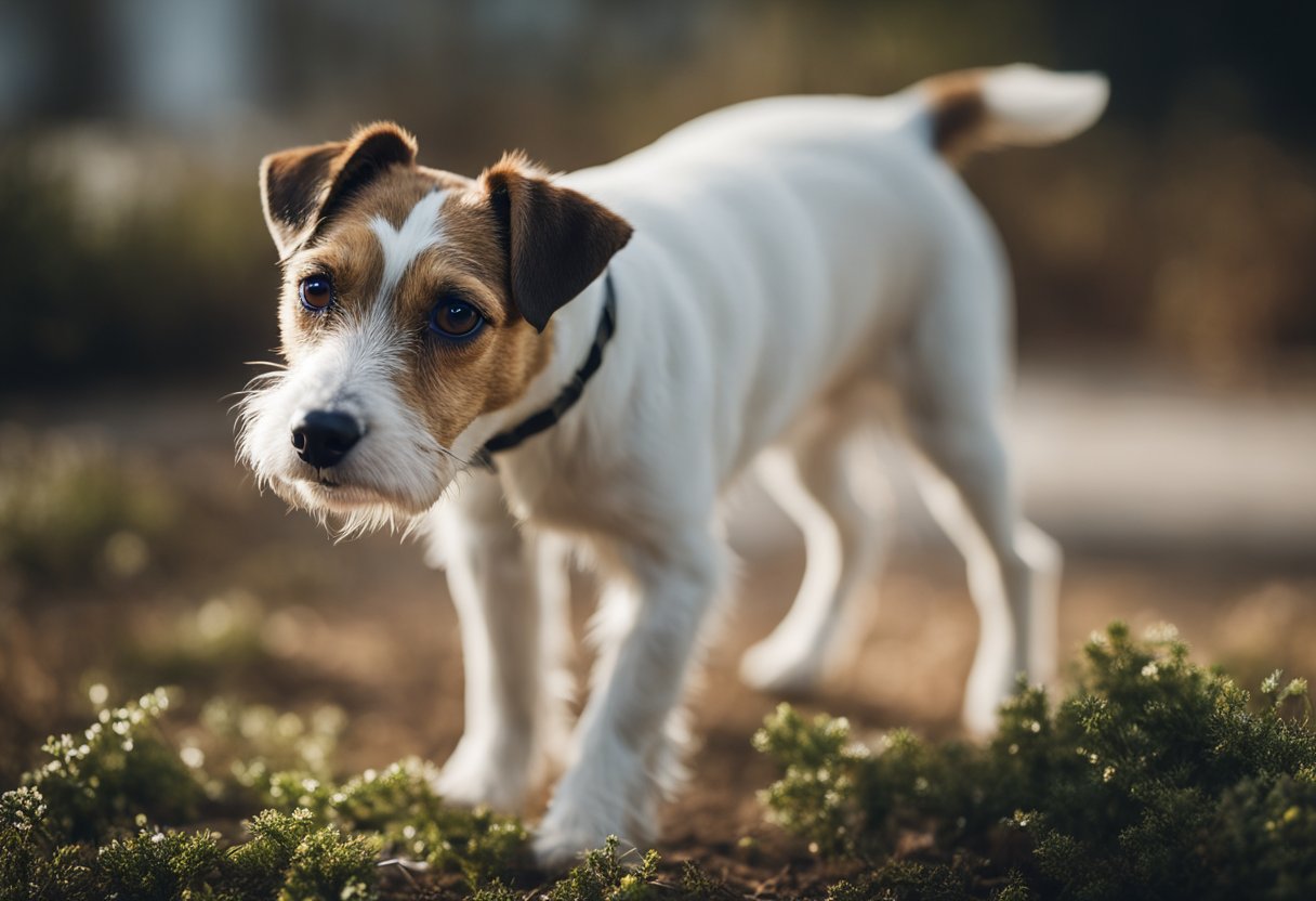 A Parson Russell terrier stands alert, tail wagging, ears perked, and eyes focused, displaying a confident and energetic temperament