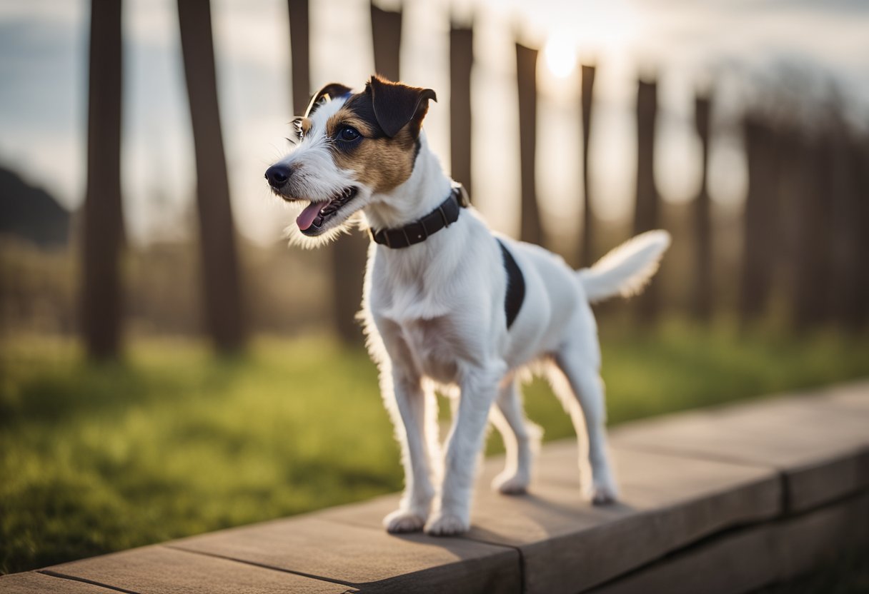 A Parson Russell Terrier stands alert, with ears perked and tail wagging, exuding confidence and energy