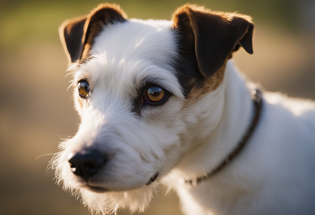 A Parson Russell Terrier stands alert, tail wagging, ears perked and eyes bright, exuding a confident and energetic disposition