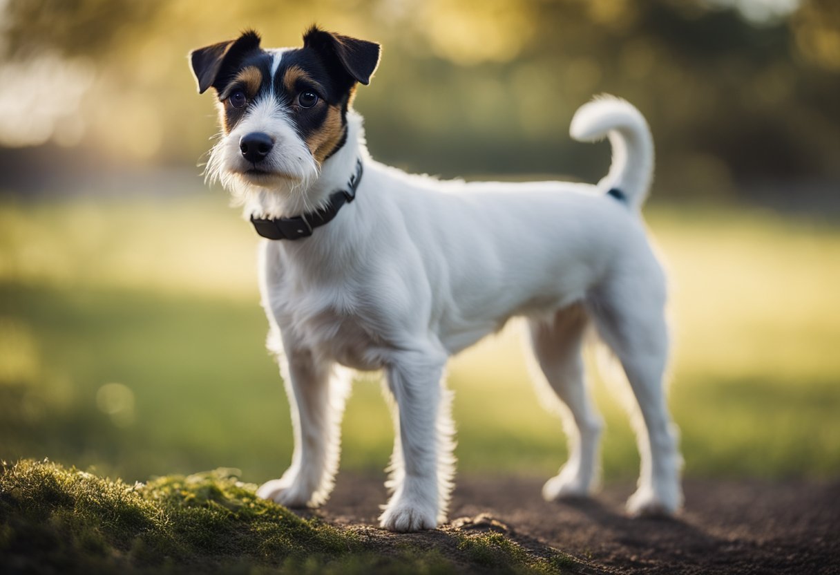 A Parson Russell Terrier stands alert, tail wagging, ears perked, and eyes focused. Its body language exudes confidence and energy