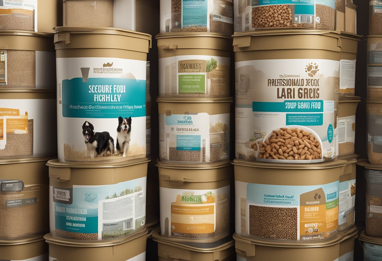 A large, airtight container holds various bags of high-quality dog food. The container is labeled with the brand name and features a secure lid for freshness