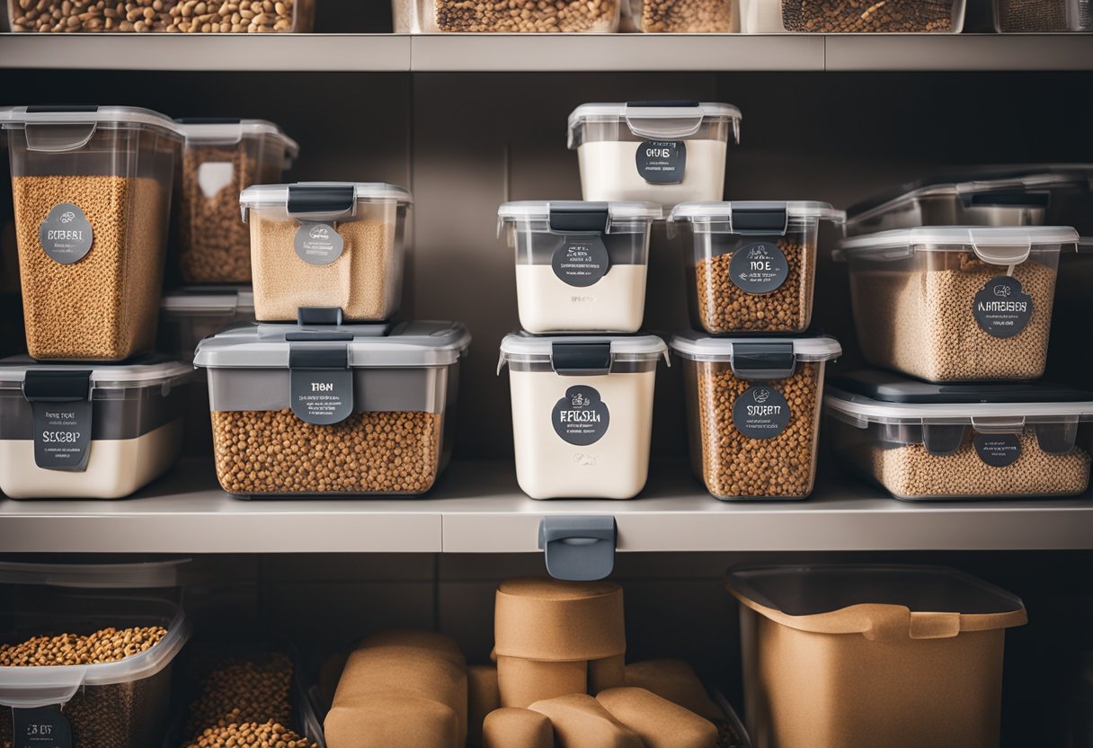 A sturdy, airtight dog food storage container sits on a shelf, keeping the kibble fresh and free from pests