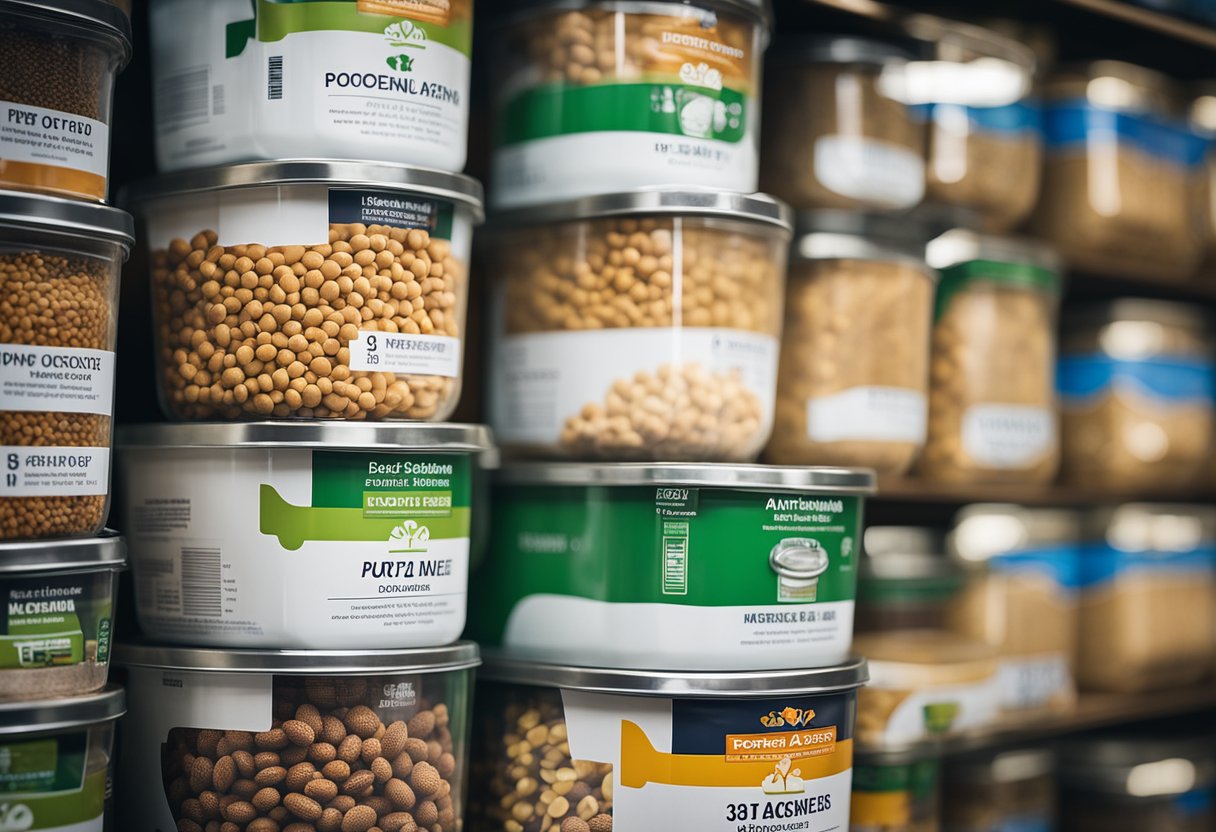 Various dog food containers stacked on shelves, including plastic bins, metal canisters, and airtight containers. Labels indicate different sizes and materials