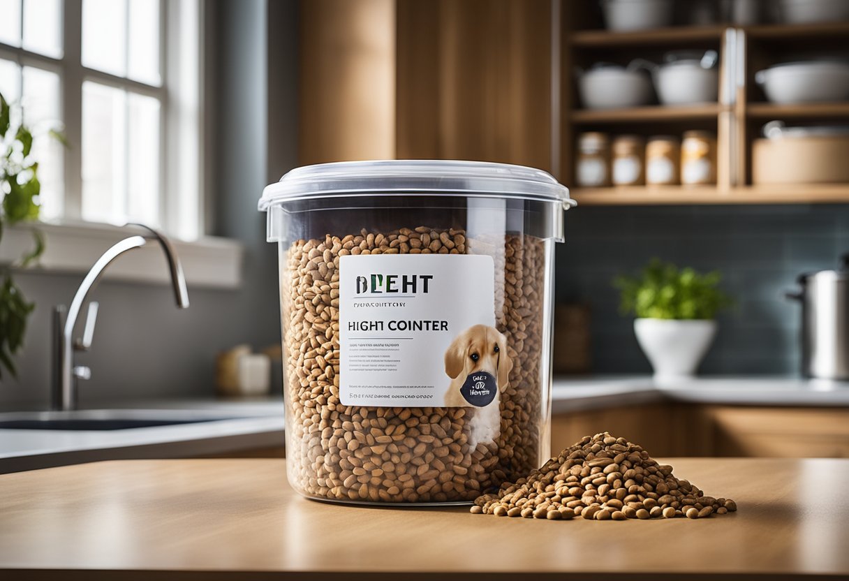 A spacious, airtight container sits on a clean kitchen counter, filled with high-quality dog food. The label proudly displays "Materials Matter best dog food storage container."