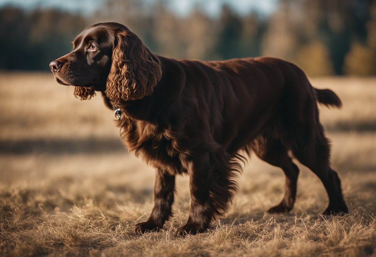 A Boykin Spaniel with rich chocolate brown fur and a soft, wavy coat of warm, caramel-colored highlights, standing alert with a friendly, intelligent expression