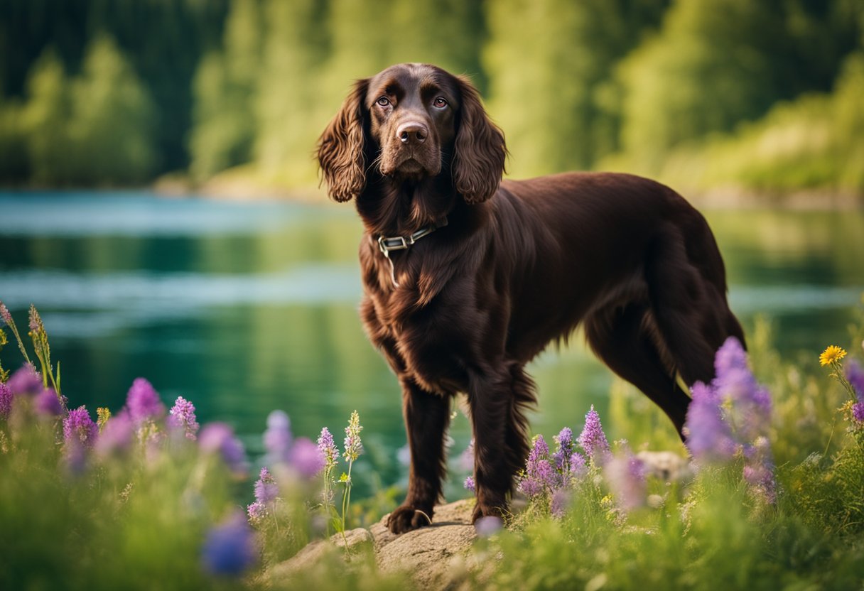 A Boykin Spaniel with rich, chocolate brown fur stands proudly beside a shimmering lake, surrounded by lush green trees and vibrant wildflowers