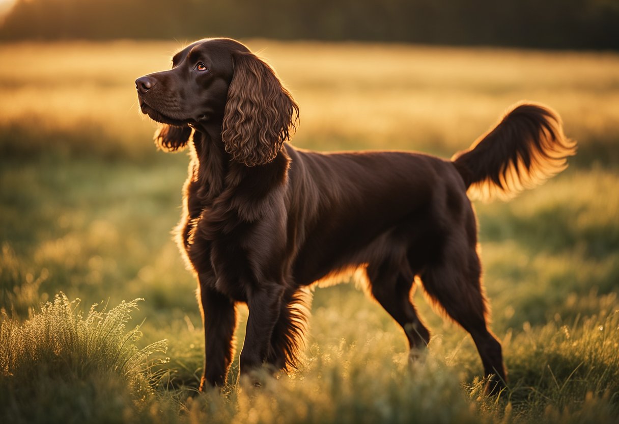 A brown Boykin Spaniel stands in a grassy field, its golden eyes looking off into the distance. The sun highlights its rich chestnut fur, creating a warm and inviting scene