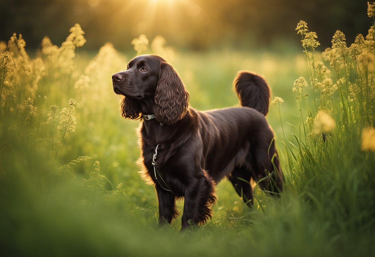 A Boykin Spaniel with rare and unique colors stands in a lush, green meadow under the golden rays of the sun