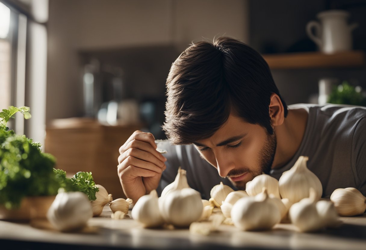 A person vomiting, experiencing abdominal pain, and having diarrhea after ingesting garlic, with a pungent smell in the air