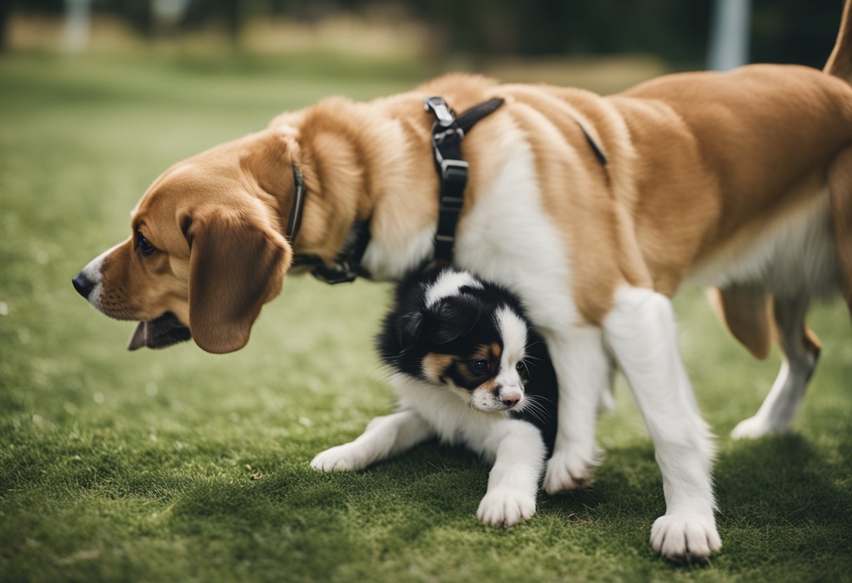 A dog energetically humps another dog's leg in a playful manner