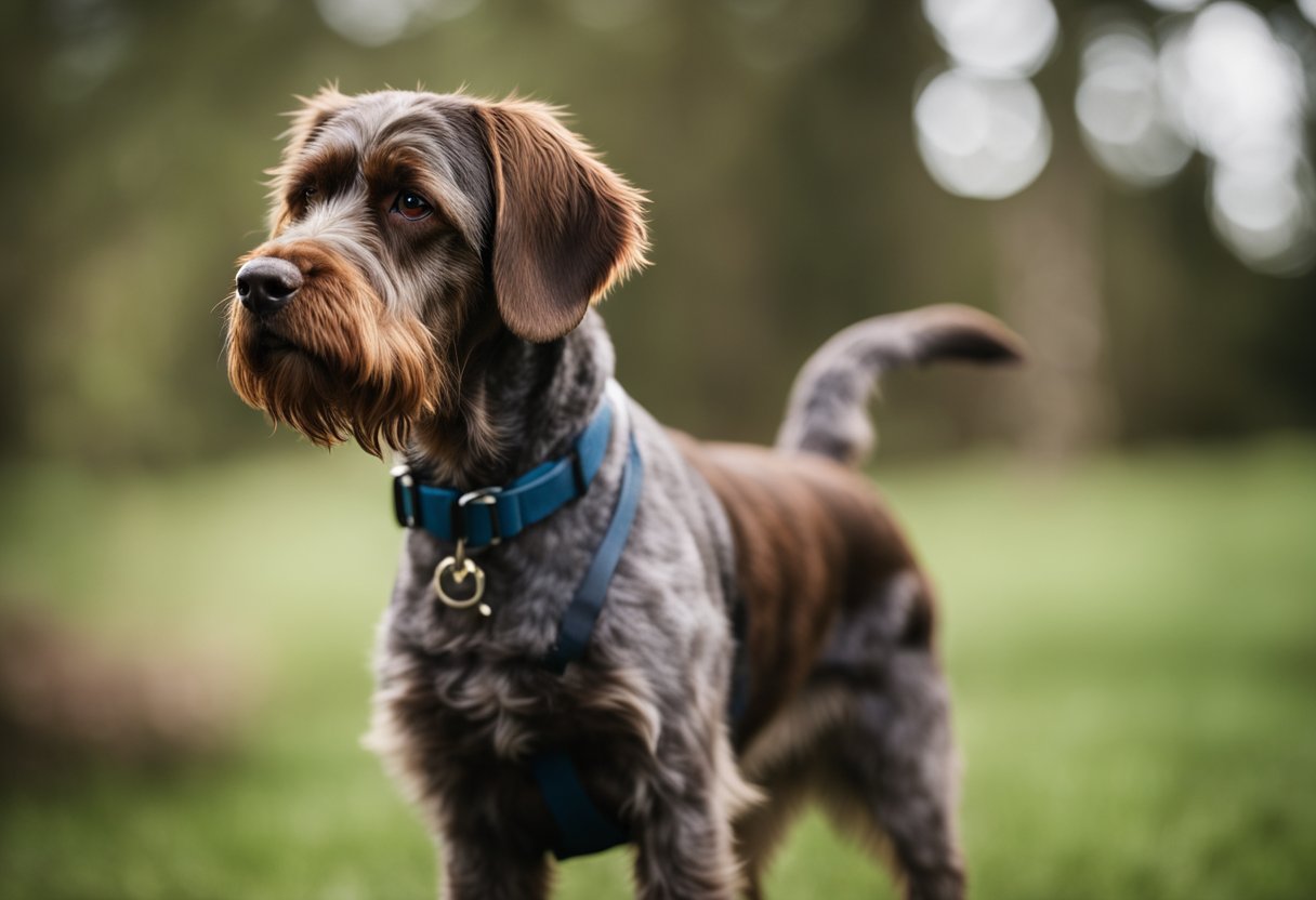 A wirehaired pointing griffon stands alert, tail held high, with a focused and eager expression, ready for action