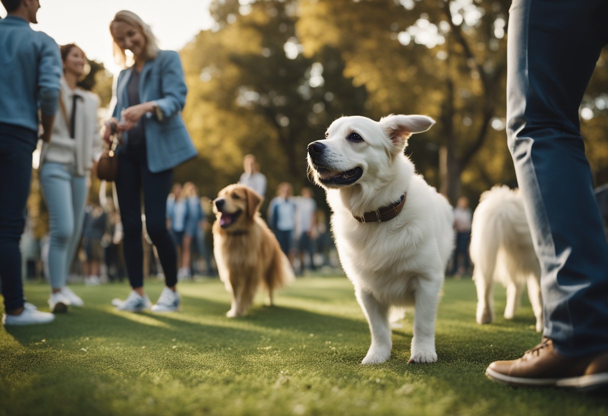 A dog humps another dog's leg in a park, while onlookers react with surprise and amusement