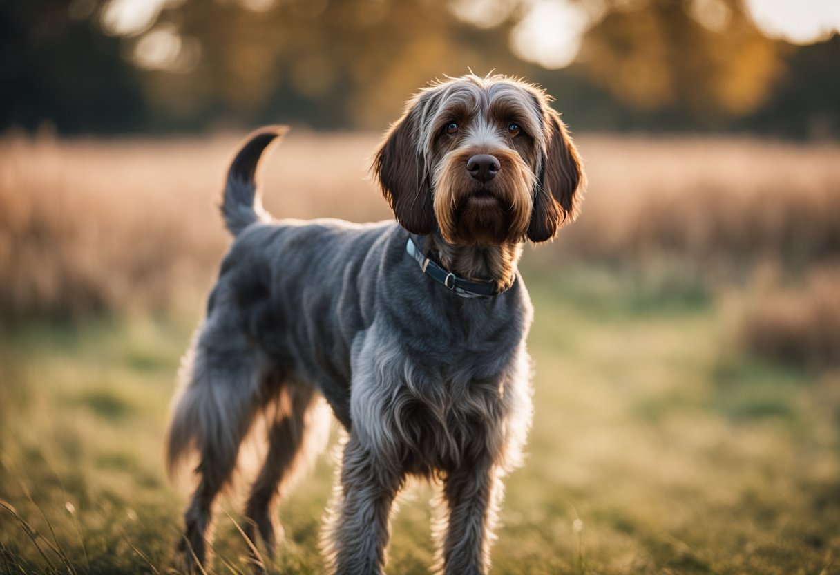 The Wirehaired Pointing Griffon stands alert in a field, tail wagging and nose to the ground, eyes focused on its target