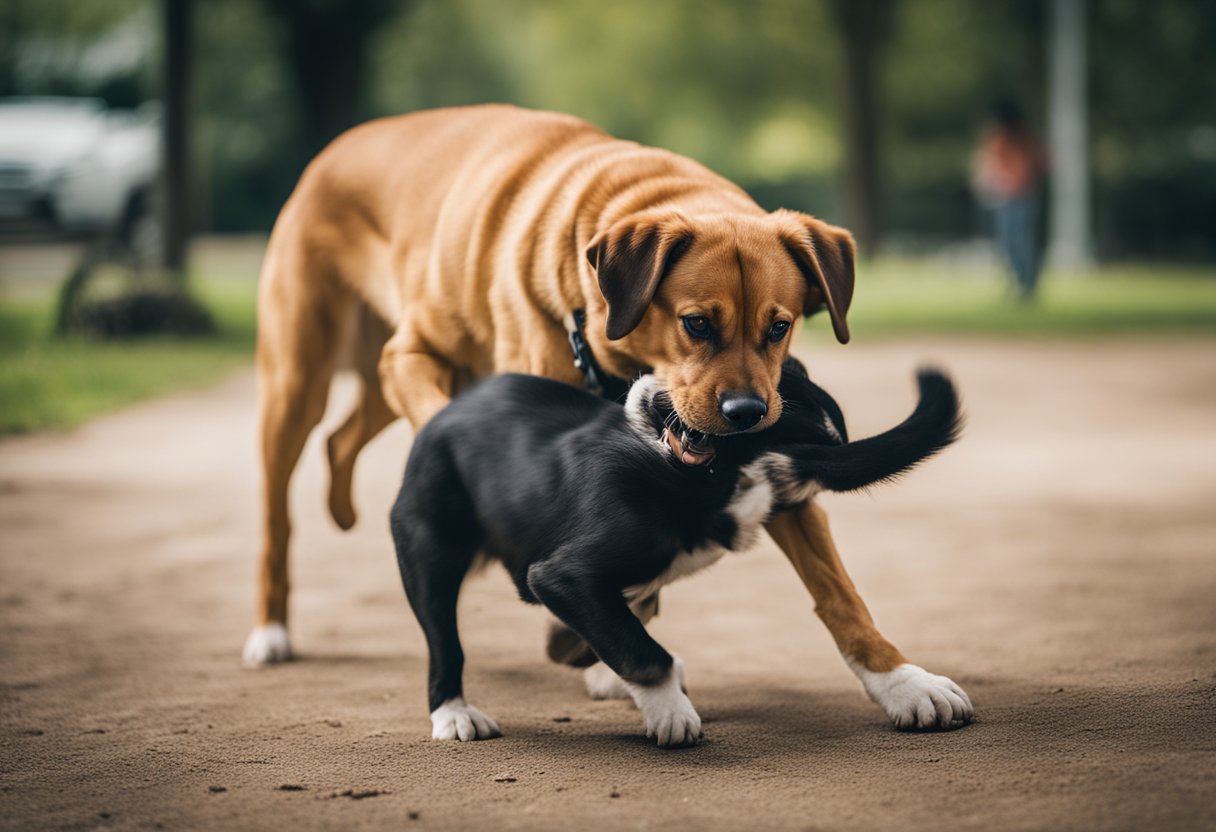 A dog aggressively humping another dog's leg in a park