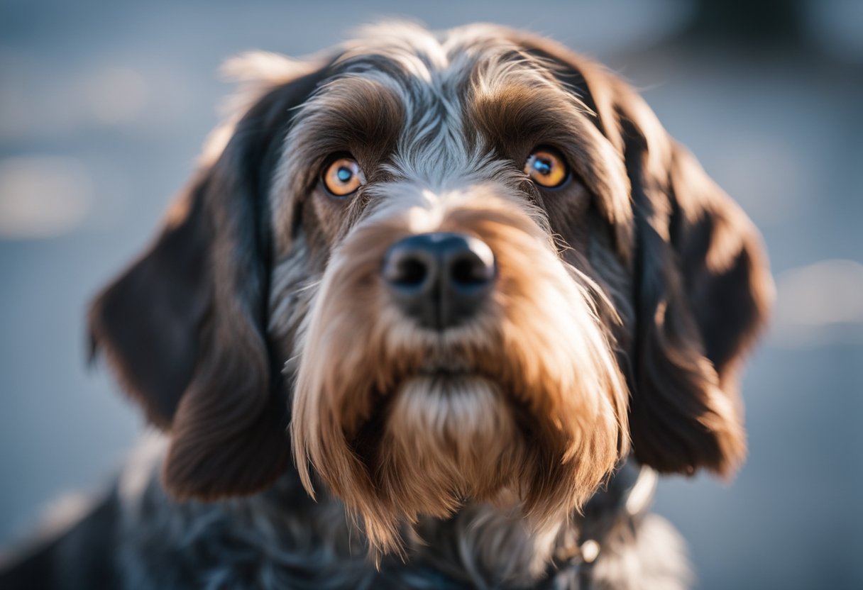 A wirehaired pointing griffon stands alert, tail held high, ears perked. Its eyes are focused, and its body exudes confidence and determination