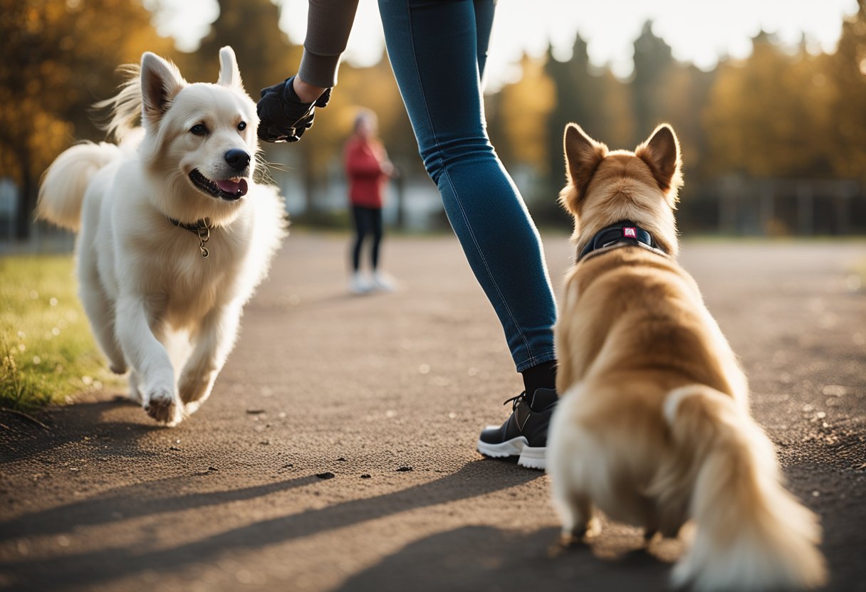 A dog trainer redirects a dog's attention away from leg humping using positive reinforcement and distraction techniques