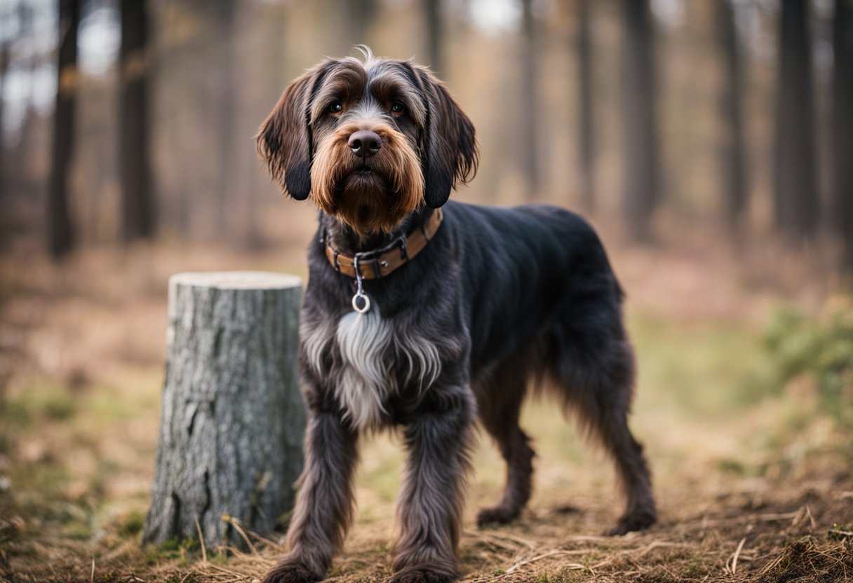 A wirehaired pointing griffon stands alert, tail wagging, ears perked, and eyes focused. Its body language exudes confidence and readiness