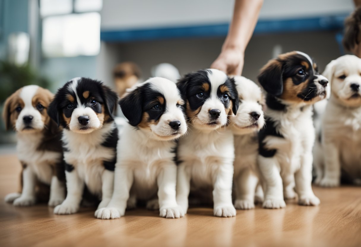 Puppies lined up for deworming, each receiving a dose from a veterinarian