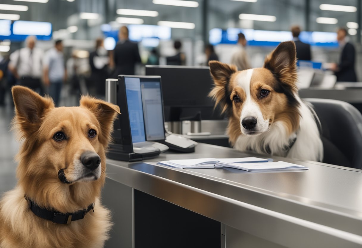 Two dogs at a customs desk, one with a passport and the other without, looking confused