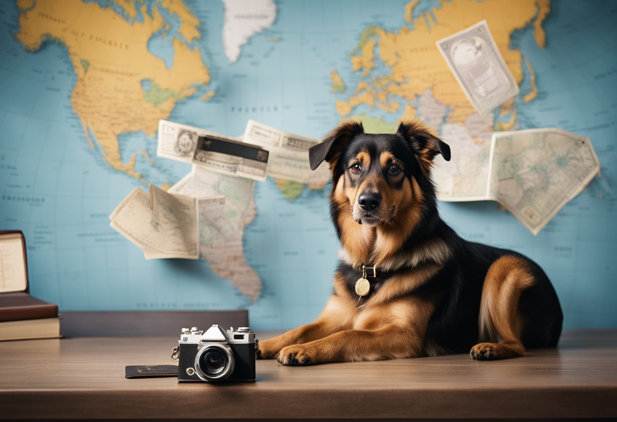 A dog sits on a table with a passport and a vet stamp. A map of the world is in the background, indicating travel