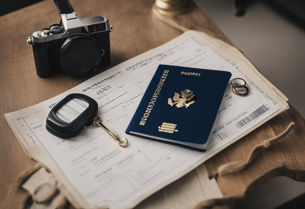 A dog with a collar and tag stands next to a passport and vaccination records on a table