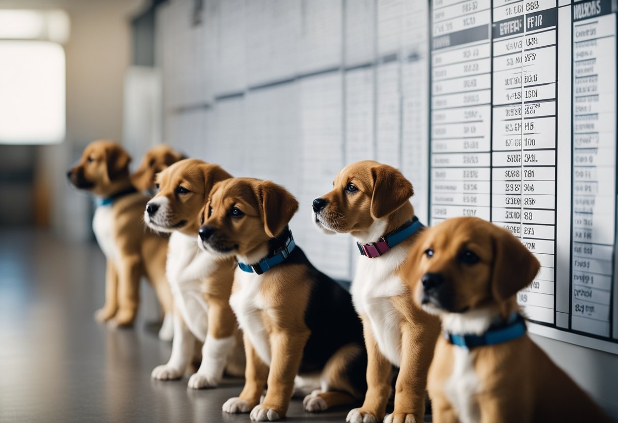 A litter of puppies lined up for deworming, with a veterinarian administering medication and a chart on the wall showing the schedule