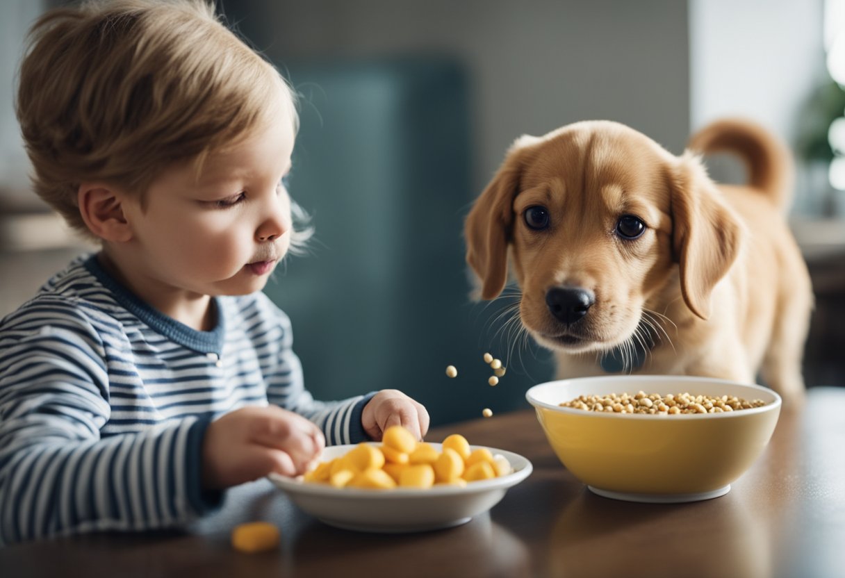 A playful puppy eagerly takes a deworming tablet from a bowl of food, while a caring owner watches nearby