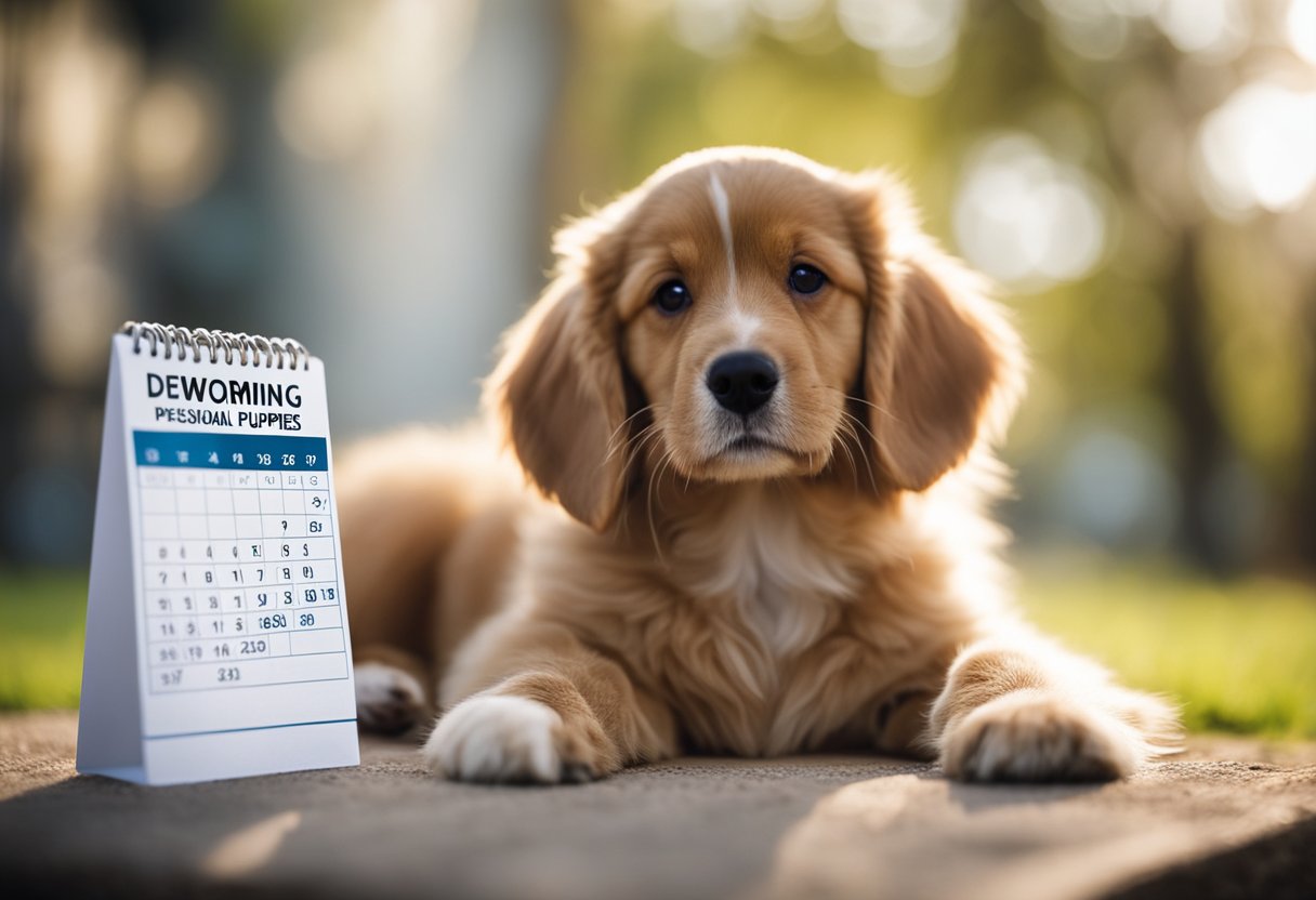 A calendar with labeled dates for deworming puppies