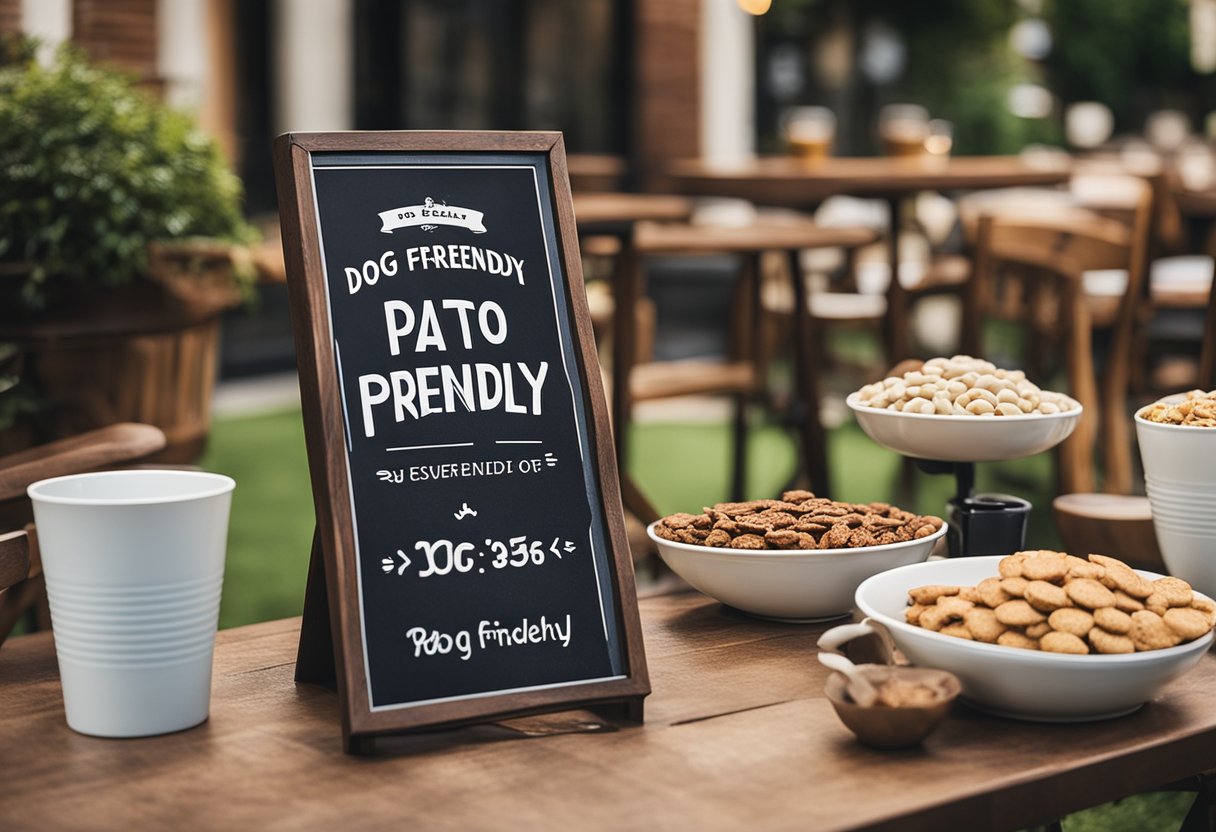 A bustling outdoor patio with dogs lounging under tables, water bowls scattered around. A sign reads "Dog Friendly Patio" and a server brings out a bowl of treats