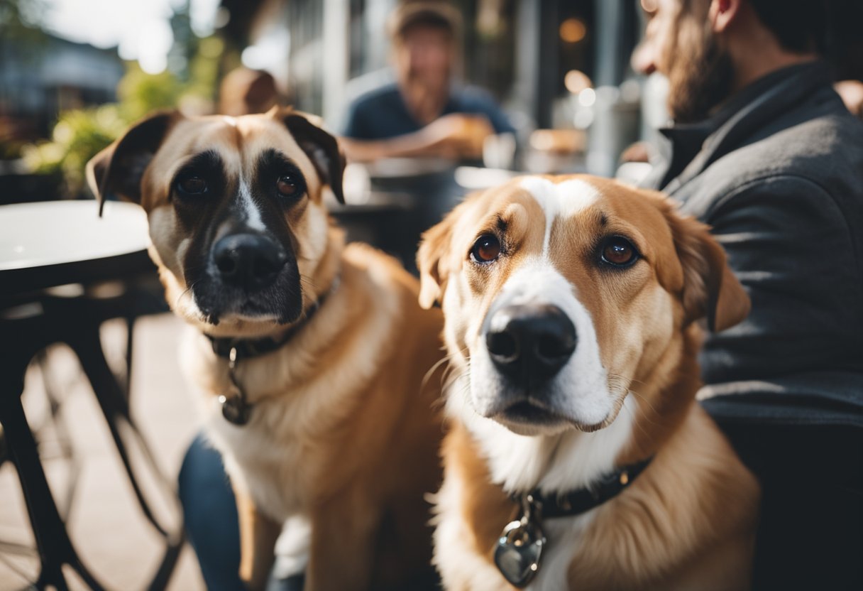 Dogs lounging on outdoor patios at dog-friendly restaurants in Portland, while owners enjoy meals and drinks