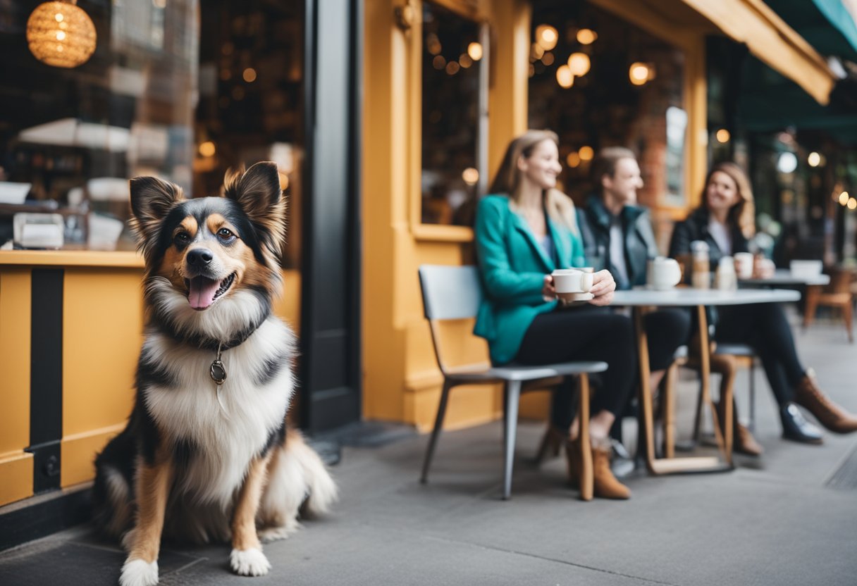 Dogs sit outside colorful cafes in Portland neighborhoods, while owners sip coffee and dine at dog-friendly eateries