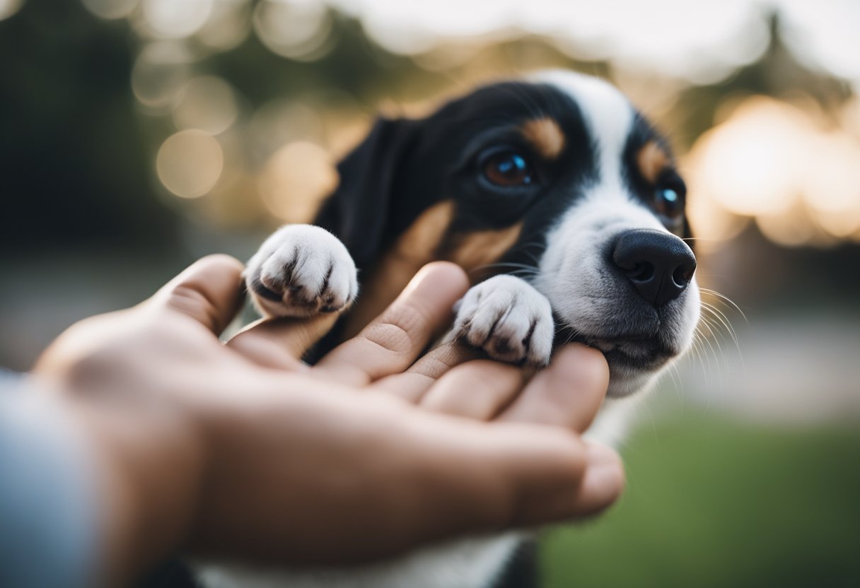 A dog placing its paw on an arm, showing affection or seeking attention