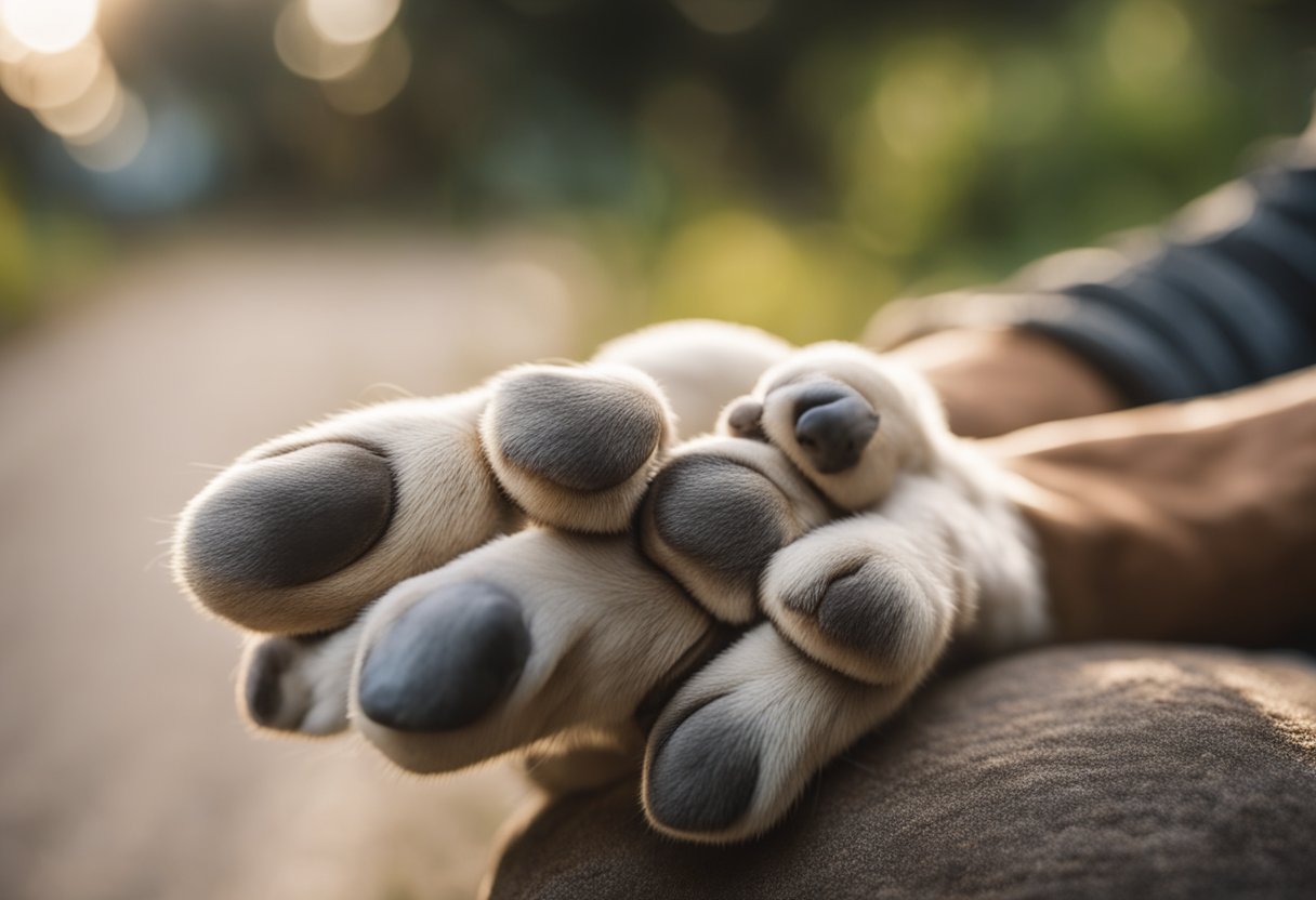 A dog's paw rests gently on an outstretched arm, conveying trust and affection. The dog's eyes are soft and attentive, showing a deep connection