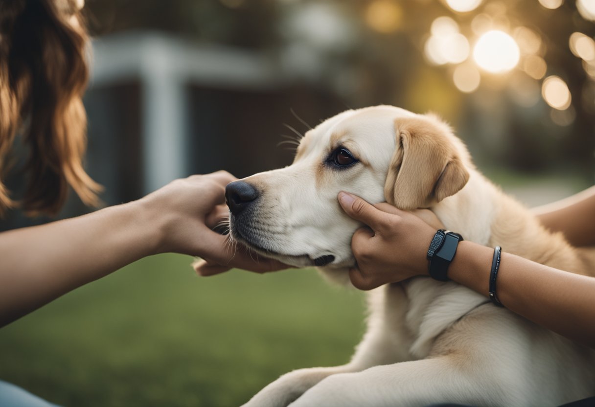 A dog places its paw on a person's arm, showing affection and seeking connection