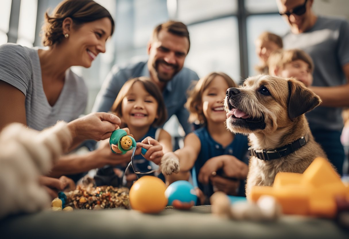 A family eagerly meets a joyful border terrier at an adoption event, surrounded by toys and treats