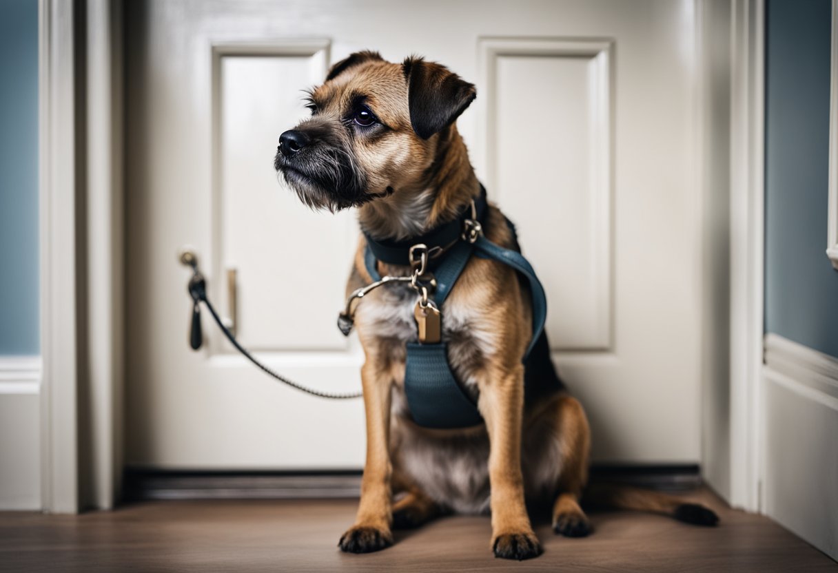 A Border Terrier sits by an open door, gazing out with a curious expression. A leash and collar lay nearby, hinting at the potential for adoption