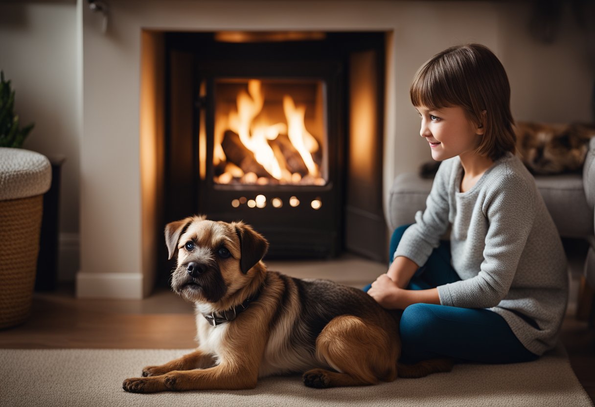 A Border Terrier sitting by a cozy fireplace, with a family of mixed ages playing with toys and cuddling the dog