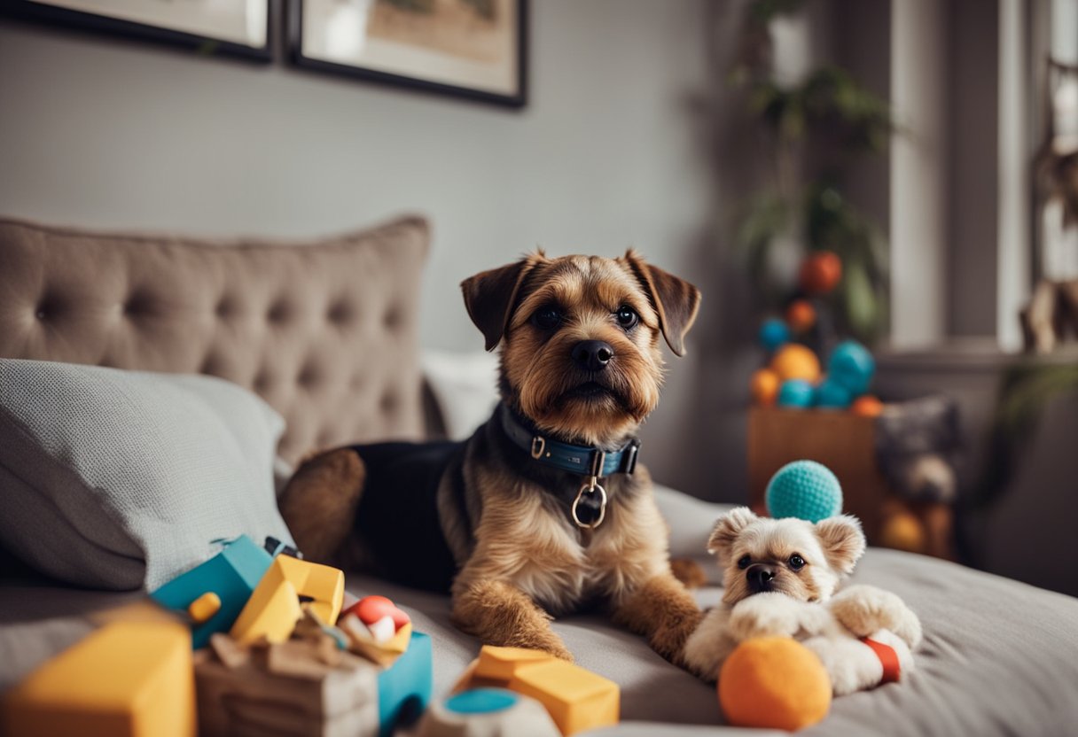 Border terrier sits in cozy bed, surrounded by toys and treats. Adoption paperwork and leash lay nearby. Family photos adorn the walls