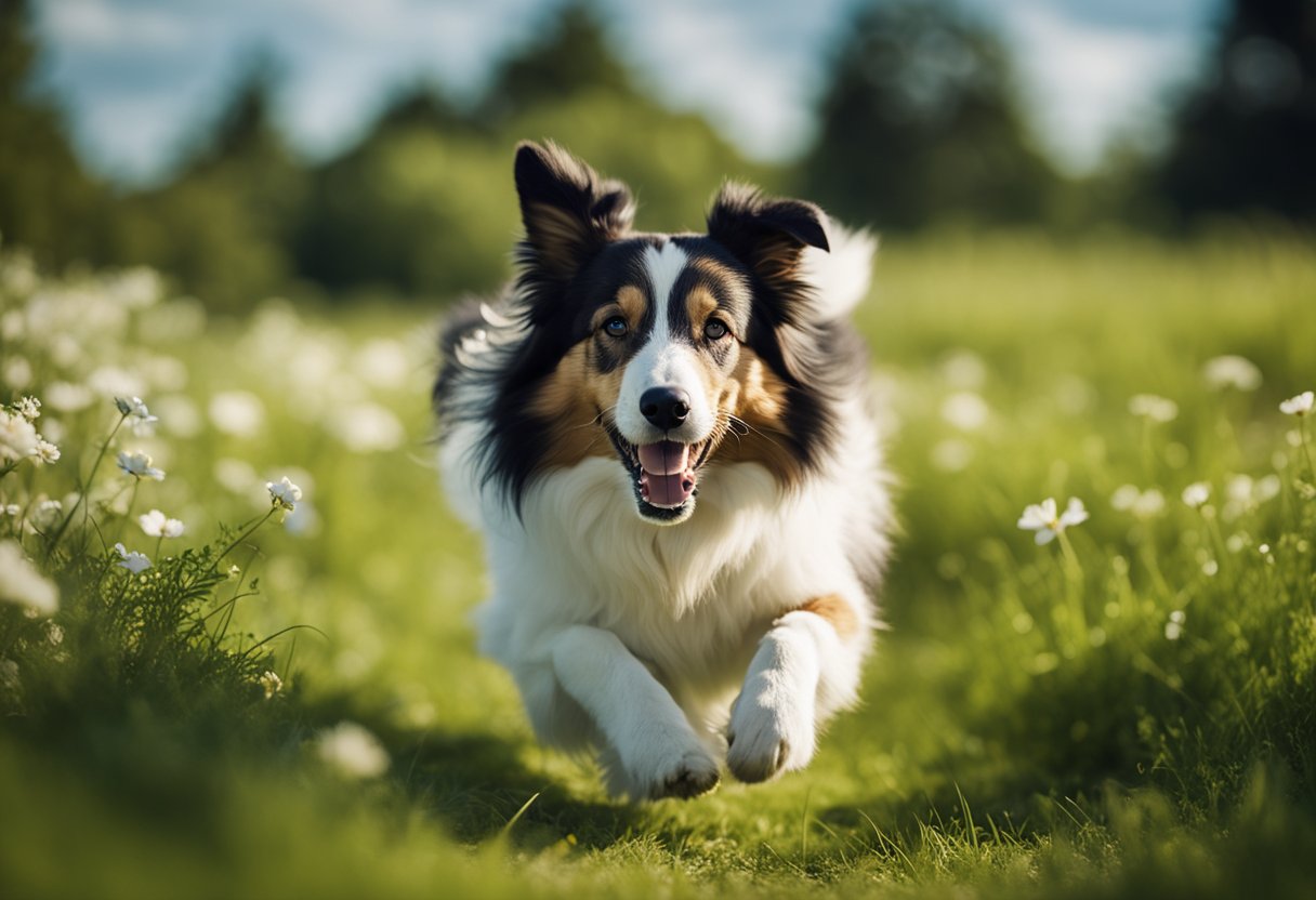 A lassie collie running through a green meadow, with a bright blue sky and fluffy white clouds in the background