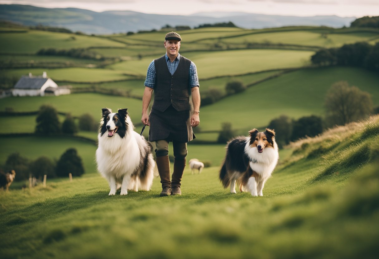 A Scottish farm with rolling green hills, a shepherd herding sheep, and a loyal collie by his side