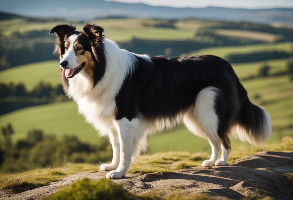 Lassie the collie stands proudly, with a thick, flowing coat and intelligent eyes, against a backdrop of rolling hills and a clear blue sky