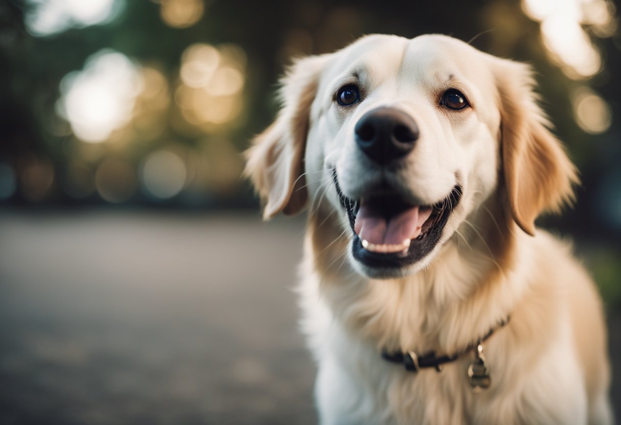 A dog with wagging tail and bared teeth, eyes bright with excitement