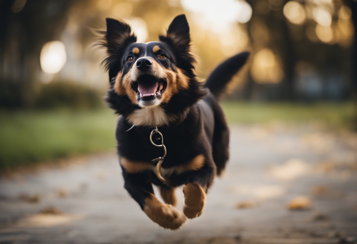 A dog bounces with tail wagging, mouth open, and teeth chattering in excitement