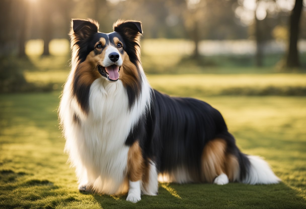 A Lassie collie stands tall, with a thick double coat, a long, elegant neck, and a friendly, intelligent expression in its almond-shaped eyes