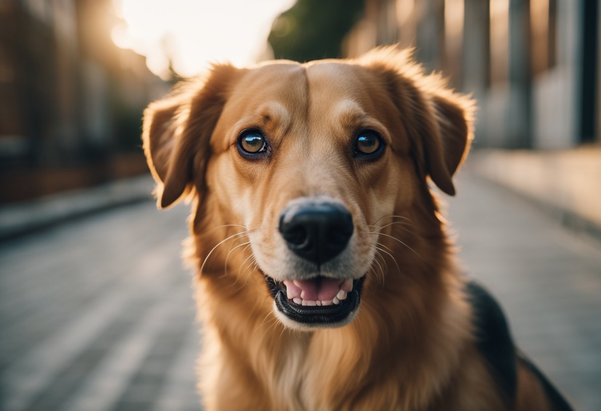 A dog's mouth open, teeth chattering, eyes bright with excitement